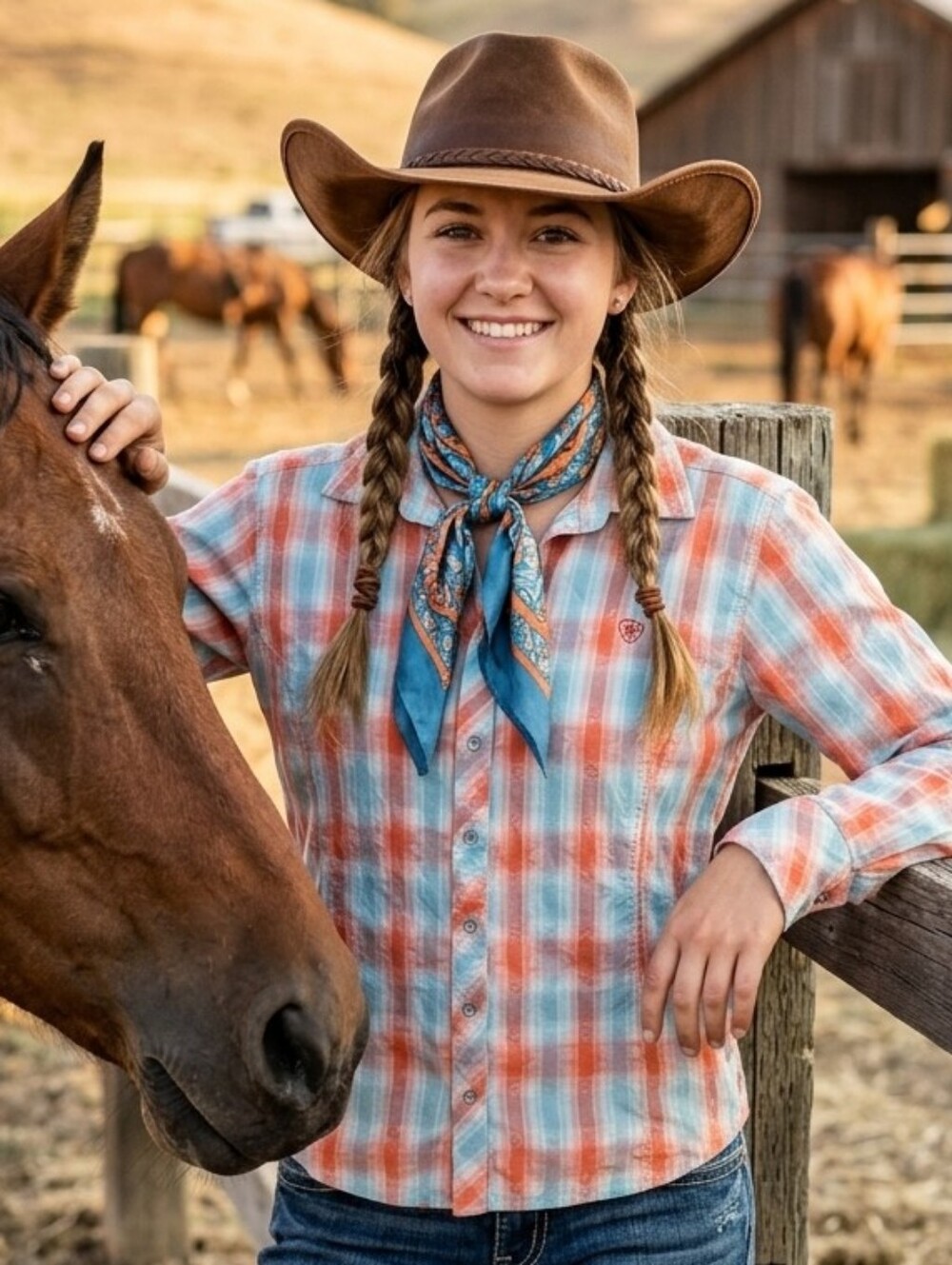Ariat Western Snap Shirt Womens Medium Orange Blue Plaid Jacquard Cowgirl